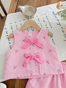 SHEIN 2pcs Young Girl Woven Striped Round Neck Top And Woven Shorts Set - Pink - View 4