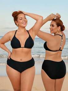 SHEIN Swim Curve ملابس سباحة قطعتين للمرأة البدينة تتكون من توب قصير ظهره عاري مرصع بالراين وسروال سباحة مطوي - الأسود - مشاهدة 3