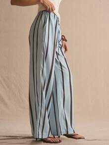 MUSERA Button Detail Stripe Print Drawstring Loose Fit Trousers Spring Summer Cosy Cute Daily Girly Vacation Sunlight Social - Blue - View 3