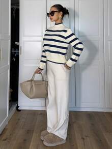 Ronhire 女士秋冬条纹立领落肩长袖休闲毛衣 - 藏蓝色 - 查看 3