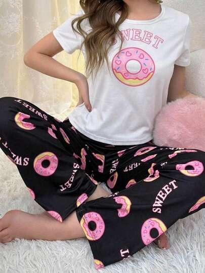 Conjunto de pijama de manga corta y pantalón largo con estampado de rosquilla de dibujos animados para primavera/verano