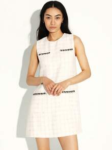 KSTM Sleeveless Tweed Mini Dress With Contrast Trim Detail Round Neck A-Line Shift Style Classic Vintage Inspired Design - White - View 4