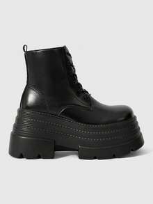 ROMWE Women Heeled Sandals~ 2026 New Autumn And Winter Punk Wind Dark PU Round Head Inner Heightening Boots Thick-Soled Small Riding Boots Versatile Muffin Short Boots Thin Boots - Black - View 2