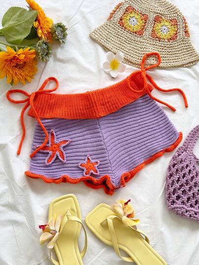 Soleia New 3D Woven Starfish Contrast Color High Waist Tie Knit Shorts, Bohemian, Boho, Vacation, Vintage, Holiday, Beach, Cruise