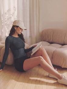 Anewsta Women's Fitted Yoga Top, Long Sleeve Slim Fit Athletic T-Shirt For Running, Training, Fitness, Autumn/Winter - Black - View 7