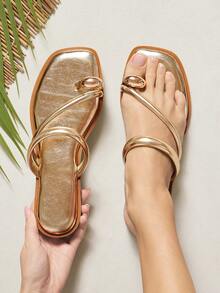 SHUZIA #SummerEssential Women's Square Toe Minimalist Rolled-Edge Metallic Gold Gold-Accent Ring Toe Flip-Flop Sandals – Chic, & Comfortable - Gold - View 3