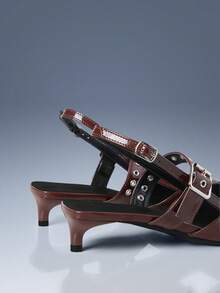 CUCCOO GRLICON Red Patent Leather Pointed Metal Buckle With Empty Kitten And Women's High Heels - Brown - View 3