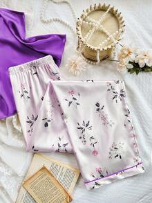 CottageSlumber Faux Silk Solid Color Camisole Top And Printed Pants Women Pajama Set Purple Pajama Set Lavender Pajama Set Floral Pajama Set Floral Print Pajama Set - Purple - View 5