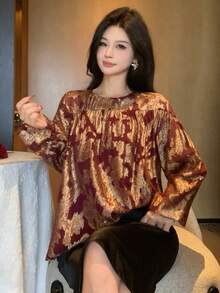 DAZY Áo kiểu nữ cổ tròn in hoa thanh lịch, thích hợp cho mùa xuân/hè, váy dự tiệc cưới. - Màu Đỏ Sâu - Xem 10