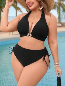 Swim Vcay 大码女士纯色挂脖系带性感比基尼泳装套装 - 黑色 - 查看 5