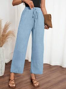 SHEIN LUNE Women's Denim Effect Linen Floral Trim Side Pants - Blue - View 4