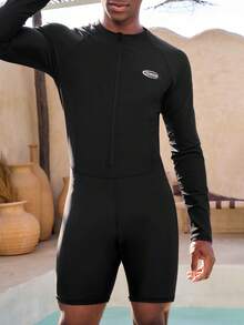 Manfinity VDAYZ Bañador de una pieza con manga raglán de media apertura con cremallera para hombres en vacaciones de verano - Negro - Ver 4
