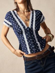 Bohemela Women's Navy Blue Polka Dot Summer Boho Vacation Blouse, French Style Lace Trim V-Neck Open Placket Jacquard Beachwear Music Festival Top - Blue - View 6