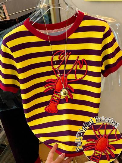 Resyla Camiseta de mujer de manga corta con cuello redondo, estampado de langosta a rayas, de estilo casual de verano
