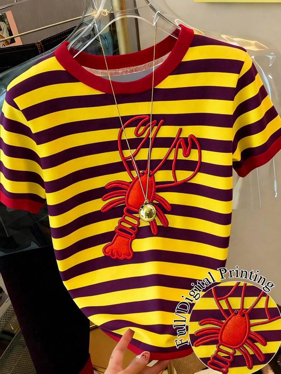 Women's Casual Striped Lobster Print Round Neck Short Sleeve T-Shirt, Summer - Multicolor - View 1