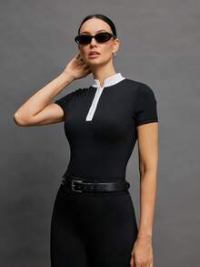 Activina Women's Contrast Collar Short Sleeve Fitted Equestrian Top - Black - View 4