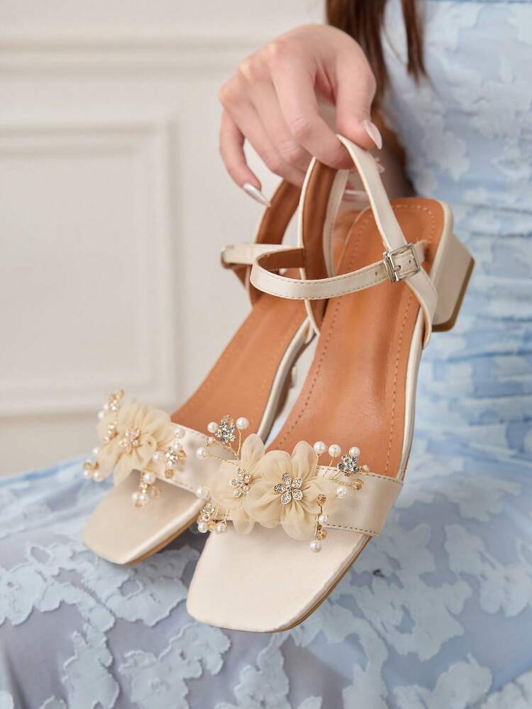 CUCCOO HITCHD Women Shoes Spring And Summer Decal Rhinestone Faux Pearl Element Square Toe 4CM Coarse Heel Fashion Style Apricot Satin Fabric Coarse Heel Sandals Wedding Valentine's Day Wear Wedding Shoes Spring Shoes Bride Shoes