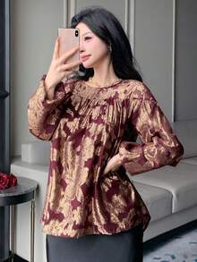 DAZY Áo kiểu nữ cổ tròn in hoa thanh lịch, thích hợp cho mùa xuân/hè, váy dự tiệc cưới. - Màu Đỏ Sâu - Xem 4