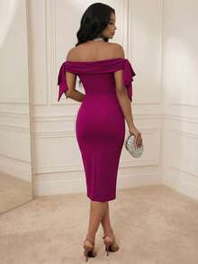 Playroots 女士性感露肩蝴蝶结系带紧身派对连衣裙，紫色，秋季 - 玫紅色 - 查看 2