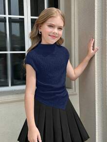 SHEIN Serisse Kids 少女休闲针织修身漏斗领褶皱不对称下摆短袖上衣，适合春夏返校季，可与妈妈亲子装搭配 - 藏蓝色 - 查看 7