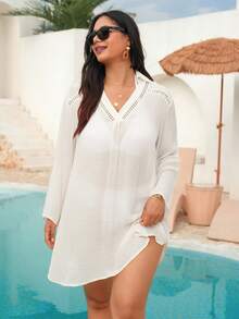 SHEIN Swim Curve New Apricot Color Shirt Dress, Vacation Style With Side Slit And Long Sleeves - Apricot - View 4