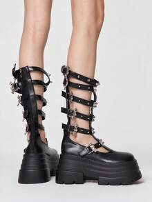 ROMWE 女士高跟凉鞋~ 2026 新款春秋朋克风深色圆头铆钉金属扣皮带扣夏季镂空长靴方跟小众设计罗马风酷炫女靴 - 黑色 - 查看 4