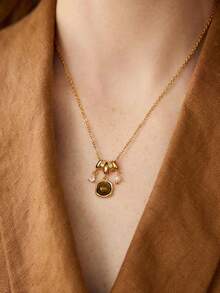 MOTF PREMIUM Pre-18k镀金虎纹石气质水滴精致吊坠项链 - 金黃色 - 查看 3