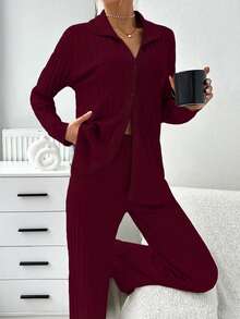 EURMUSE Pijama de 2 piezas para mujer talla grande con top de manga larga con costuras de contraste y pantalones, abierto por delante - Burdeos - Ver 6