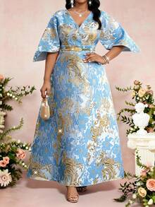 SHEIN Lady Đầm Jacquard thanh lịch cỡ lớn dành cho tiệc tùng - Màu xanh lam - Xem 5