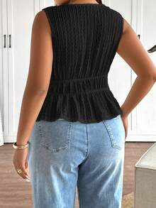 Lounesse Plus Size Summer Casual Solid Color Textured Tie-Up Camisole - Black - View 2