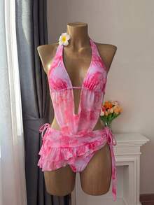 Bellisia 女士最新时尚潮流粉色甜美沙滩装，垂领沙滩连衣裙，三角包，荷叶边不规则层叠蛋糕裙泳衣三件套，春夏秋三季 - 彩色 - 查看 4