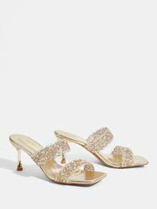 CUCCOO TILAWA Women Shoes Square Toe Slender Heel Gold Transparent Film Rhinestones Sexy Fashion Elegant Gorgeous Women's High Heel Sandals Slippers With Skirts Daily Versatile Banquet Party Women's Sandals - Gold - View 3