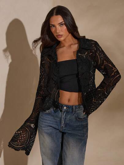 SHEIN Glamour Vacation Casual Solid Color Hollow Out Flare Sleeve Blouse