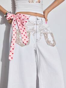 ROMWE Avant Low-Waist Embroidered Tie-Up Wide-Leg Flared Jeans - White - View 2