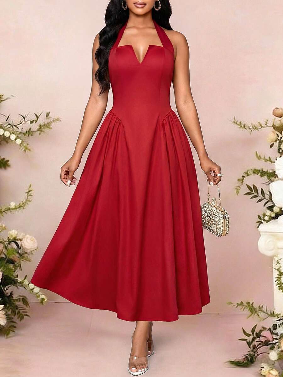 SHEIN Lady Vestito midi da donna con laccio al collo di colore rosso - Rosso - Visualizzare 1