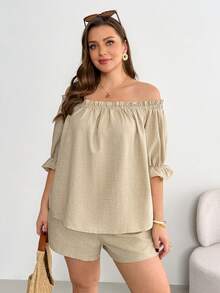 Shapeblank Plus-Size Women's Spring/Summer Fashion Casual Loose Comfortable Everyday Basic Versatile Slimming Off-Shoulder Short-Sleeved Top And Shorts Apricot Two Pieces Set,Summer Clothes,Vacation Outfits, Beach Outfits  Plus Size Off Shoulder Top 2 Piece Sets Woman Plus Summer Off The Shoulder Shirts Summer Tops Plus Size Vacation Tops Plus Size - Apricot - View 4