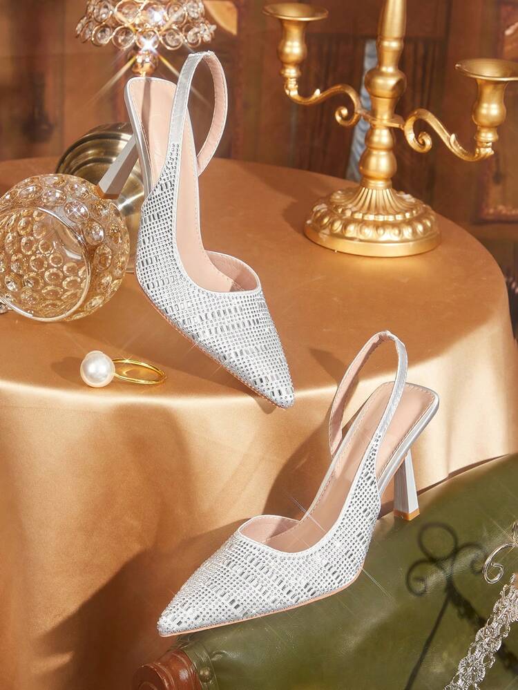 CUCCOO TILAWA Women Shoes Pointed Slender Heel Silver Rhinestone Gorgeous Fashion Party Banquet Wedding Simple Women's High Heel Shoes Slingback Women's Shoes