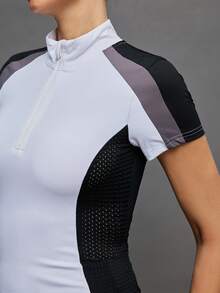 Activina Women's Color Block Stand Collar Zip-Up Fitted Casual Equestrian Top Equestrian Clothing Horseback Riding Outfit - Black and White - View 7