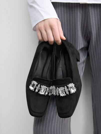 CUCCOO BIZCHIC Women's New Thick Heel Loafers, Fashionable Suede Rhinestone Decor Square Toe Shoes