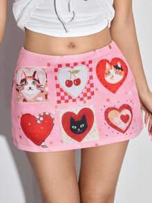 ROMWE Kawaii Cute Cat Heart Cherry Polka Dot Print Ultra Low Waist Mini Skirt For Women - Multicolor - View 5