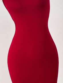 Lyxana Women's Solid Color Fishtail Hem Fitted Elegant Dress With Halter Neck - Red - View 6
