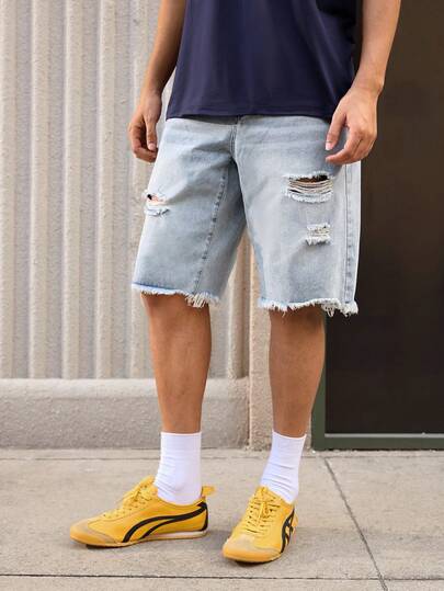 Open Phase 男士浅色洗水做旧牛仔短裤，美式休闲宽松直筒及膝短裤，夏季适用