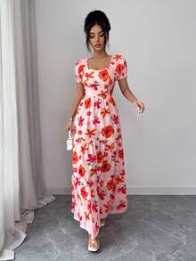 SHEIN Elenzya 优雅休闲度假风女式连衣裙。夏季印花面料，露背系带设计，优雅长裙。适合日常出行、工作通勤、约会、派对、度假、音乐节等多种场合。 - 彩色 - 查看 5