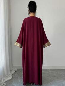 Elenzga 女士休闲绿色花卉蕾丝拼接无袖连衣裙配宽松外套，两件套，早春 - 酒紅色 - 查看 3