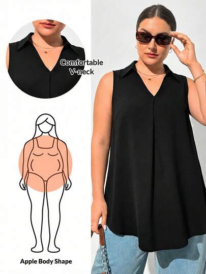 Shapeblank Áo thun nữ cỡ lớn không tay cổ chữ V màu đen, kiểu dáng thời trang mùa xuân/hè, rộng rãi, thoải mái, đa năng, tôn dáng, thích hợp mặc hàng ngày, trang phục mùa hè, áo kiểu nữ, quần áo công sở, phong cách đơn giản, mùa hè châu Âu.