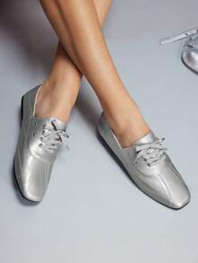 CUCCOO GRLICON Mocasines planos con cordones de mujer para uso diario - Plateado - Ver 3