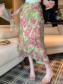 DAZY Elegant Chiffon Floral Print Ruffle Hem Women's Skirt Summer - Purple - View 5