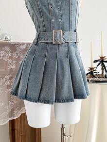 Elamini Women's Chicken Eye Design Pleated Hem Fashionable Strapless Denim Jumpsuit - Blue - View 3