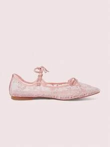 CUCCOO DOLLMOD Ladies Light Pink Mesh Flower Embroidery Fashion Double Bow Cute Elegant Mary Jane Flat Shoes - Baby Pink - View 3