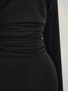 SHEIN ICON Đầm dự tiệc cocktail thanh lịch, màu trơn, xếp ly, hở lưng dành cho nữ cỡ lớn, thắt eo. - màu đen - Xem 4